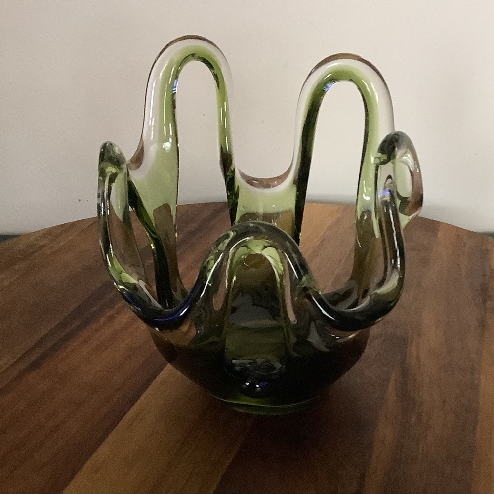 Vintage Murano Style Art Glass Bowl Votive | Olive Green Smoky Glass